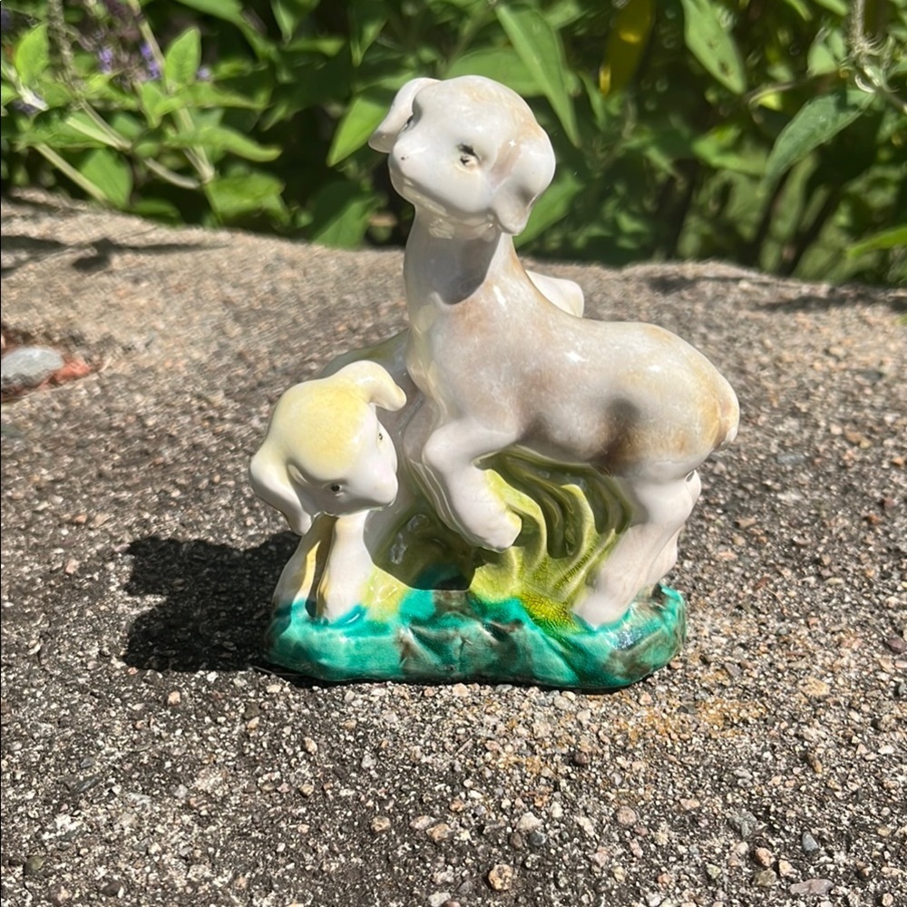 Vintage Majolica Style Glazed Ceramic Lambs Figurine Nursery Decor Easter Sheep
